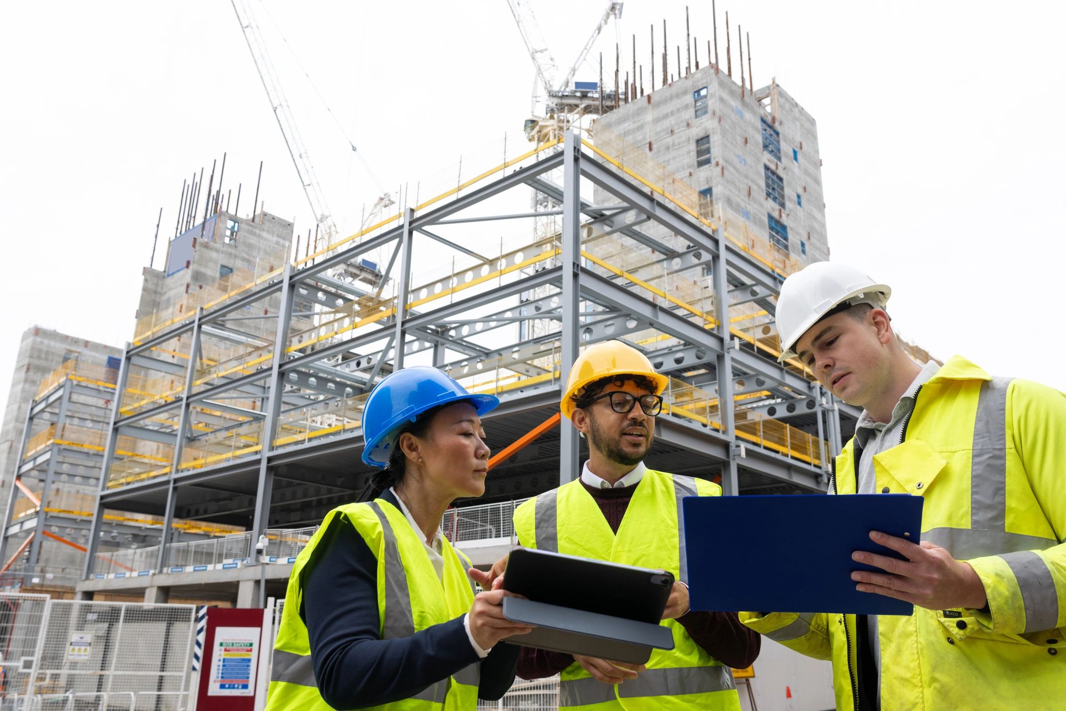 Construction professionals reviewing plans on site