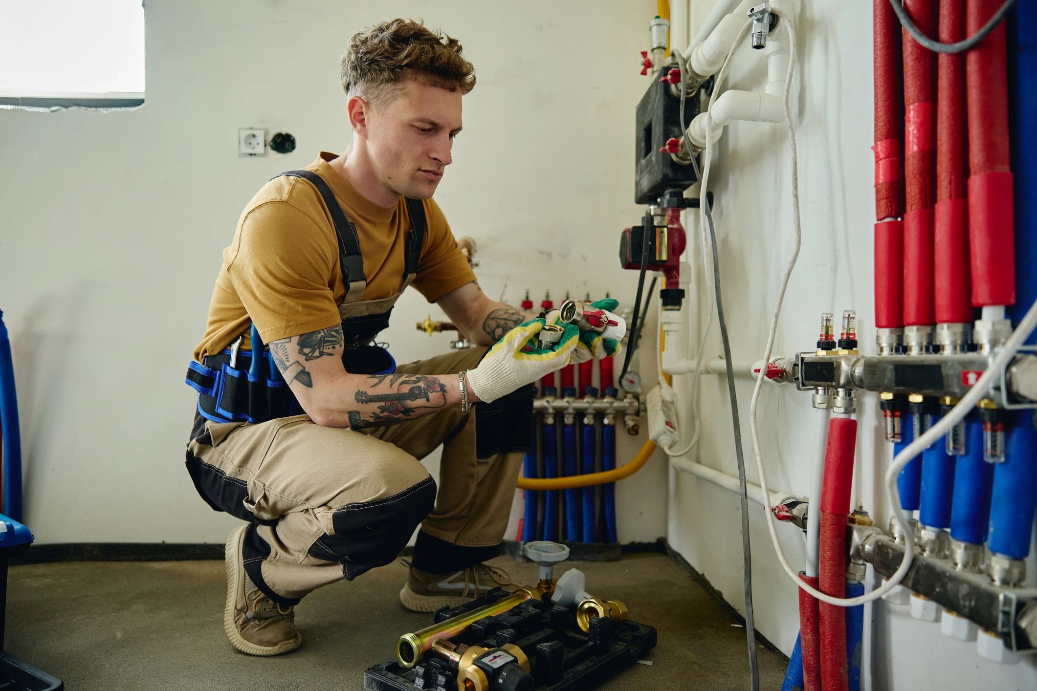Professional home service technician working inside a home